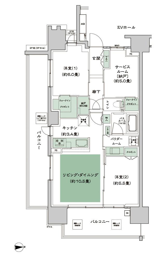 シティハウス新森の間取り図　A：2LDK+S+N+2WIC