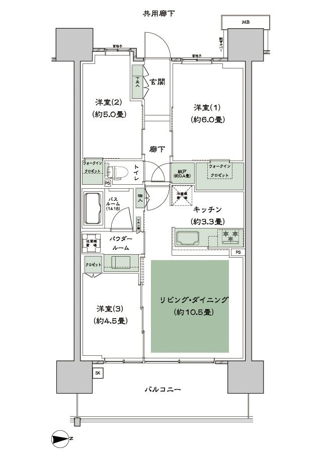 シティハウス新森の間取り図　B5：3LDK+N+2WIC