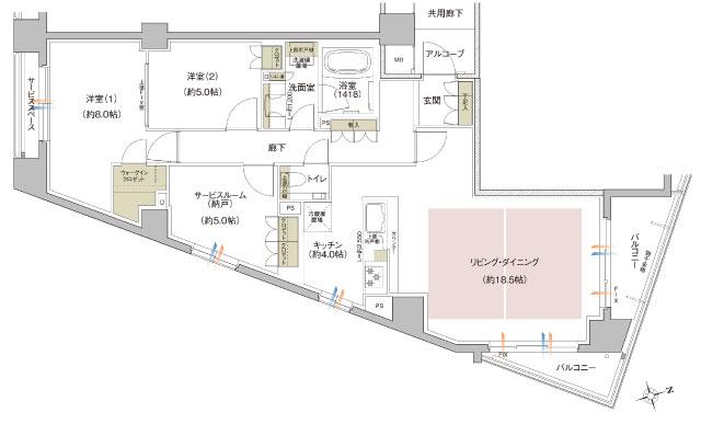 ウエリス京都 東山五条通の間取り図　E：2LDK+S