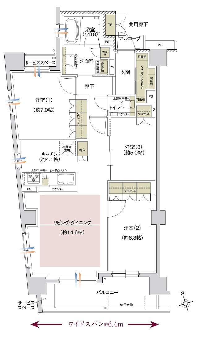 ウエリス京都 東山五条通の間取り図　A：3LDK