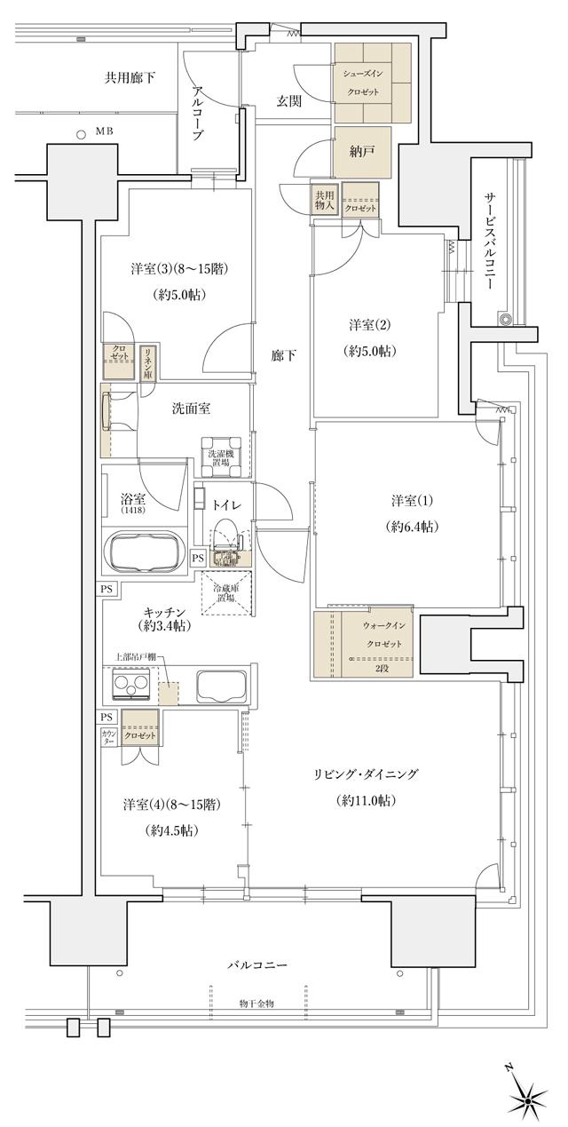 シエリアシティ大津におの浜の間取り図　BP(8～15階)：4LDK+WIC+N+SIC
