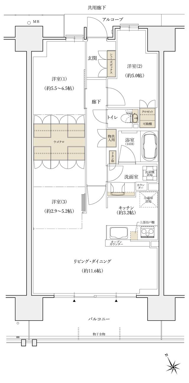 シエリアシティ大津におの浜の間取り図　BJ：3LDK+ウゴクロ
