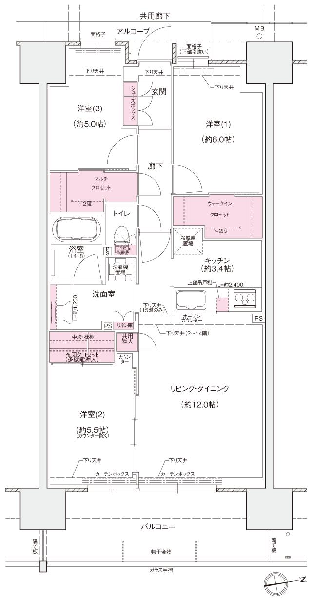 シエリアシティ大津におの浜の間取り図　CO：3LDK+WIC+MC+布団クロゼット