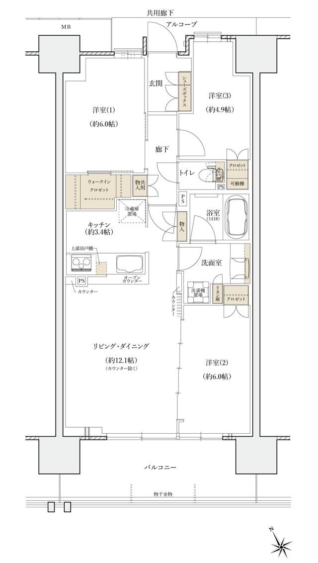 シエリアシティ大津におの浜の間取り図　BH：3LDK+WIC