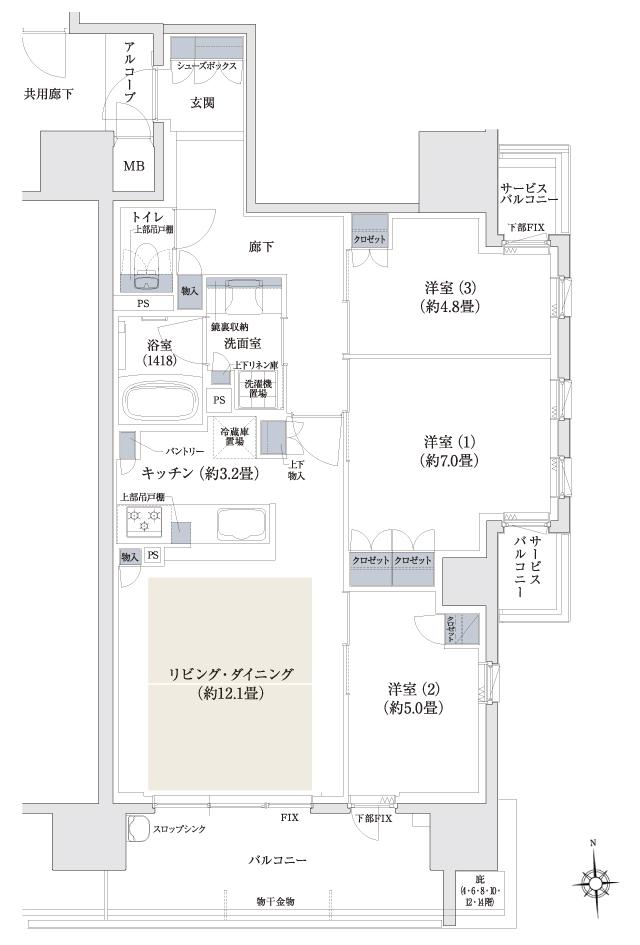 ブランズ都島の間取り図　B：3LDK