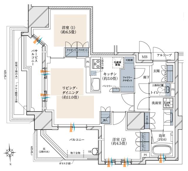 ブランズ都島の間取り図　A：2LDK+FC