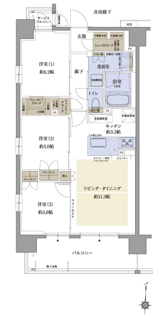 サンクレイドル塚口レジデンスの間取り図　A：3LDK+WIC+FC+SC