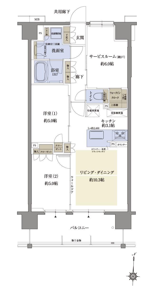 サンクレイドル塚口レジデンスの間取り図　B：2LDK+S+WIC