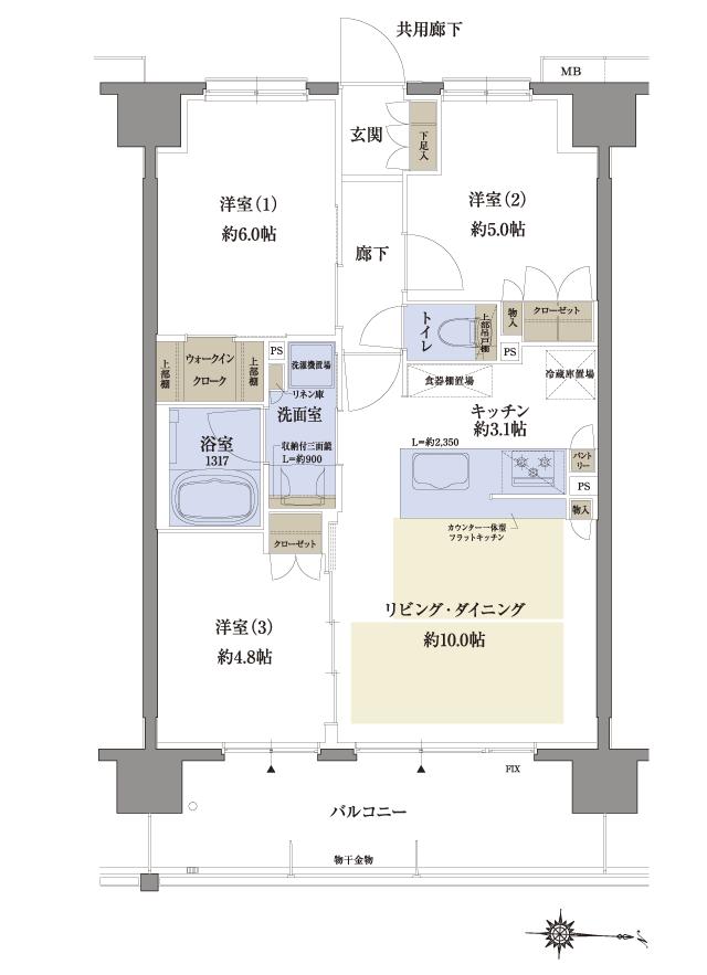 サンクレイドル塚口レジデンスの間取り図　F：3LDK+WIC