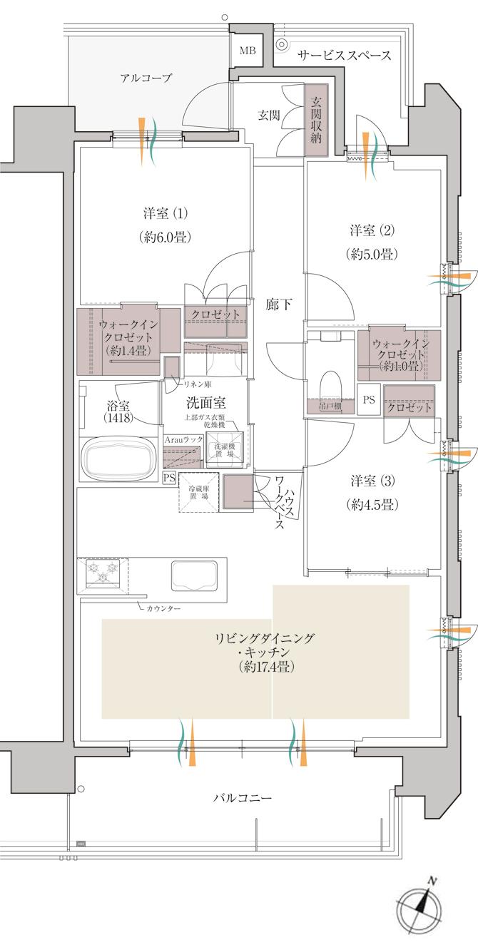 デュオヒルズ六甲道の間取り図　K：3LDK+2WIC