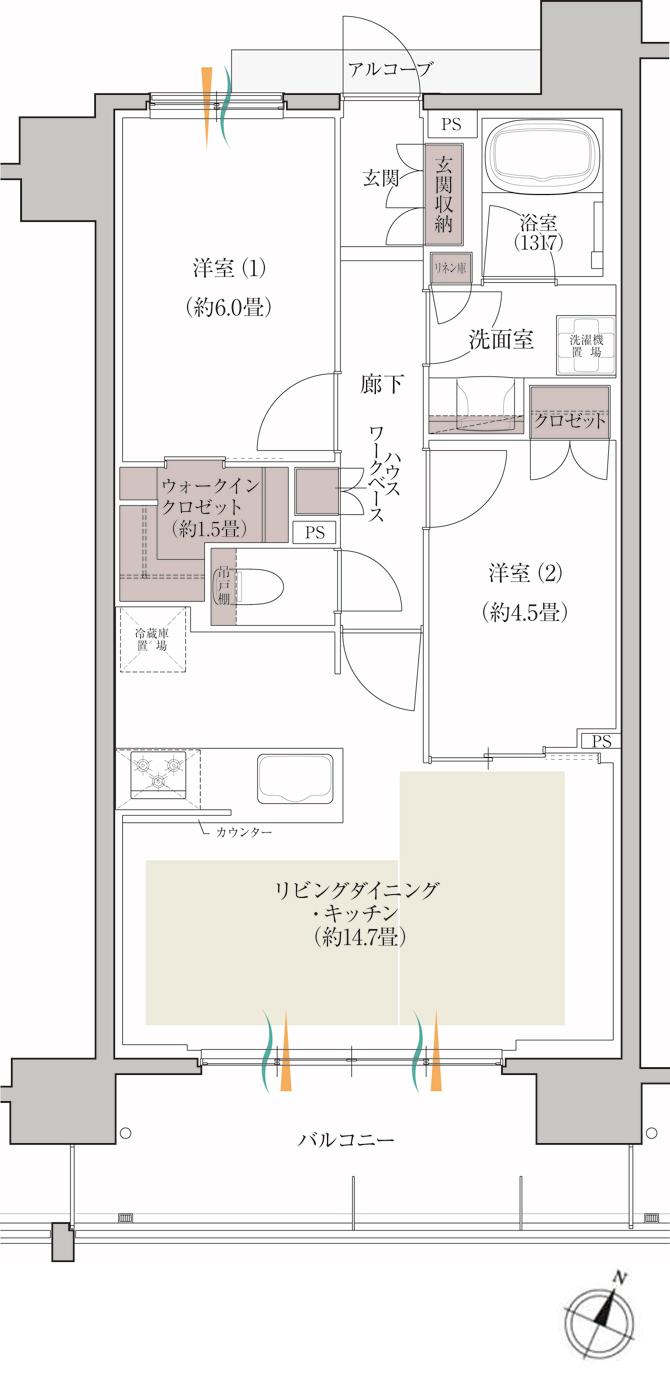 デュオヒルズ六甲道の間取り図　G：2LDK+WIC