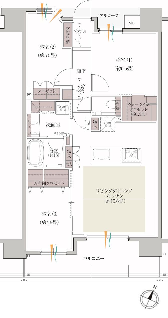 デュオヒルズ六甲道の間取り図　J：3LDK+WIC+FC