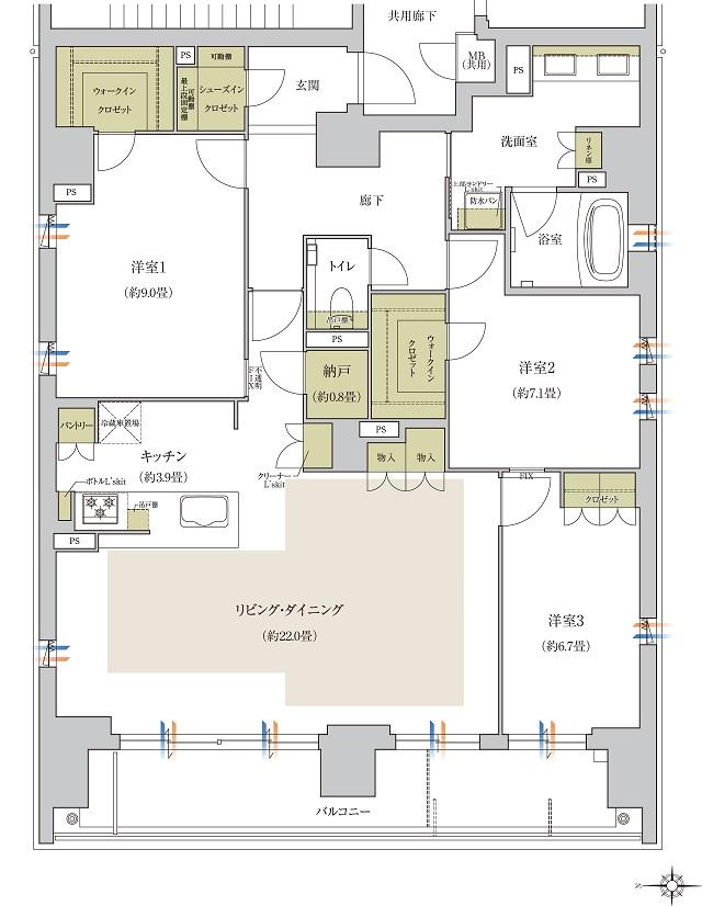ローレルアイ京都四条大宮の間取り図　G：3LDK+2WIC+SIC+N