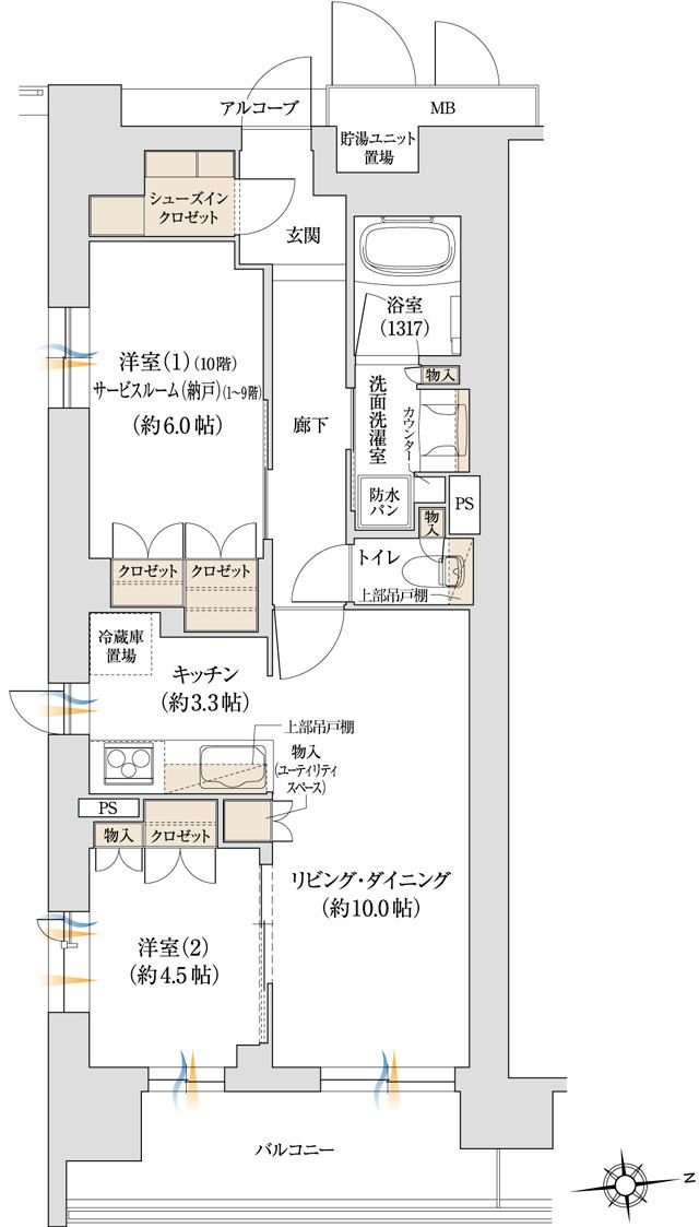 ジオ京都桂川テラスの間取り図　J：1LDK+S/2LDK
