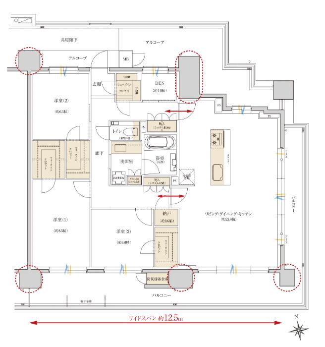 レ・ジェイド西宮ミッドプレイスの間取り図　G：3LDK+3WIC+SIC+N+DEN
