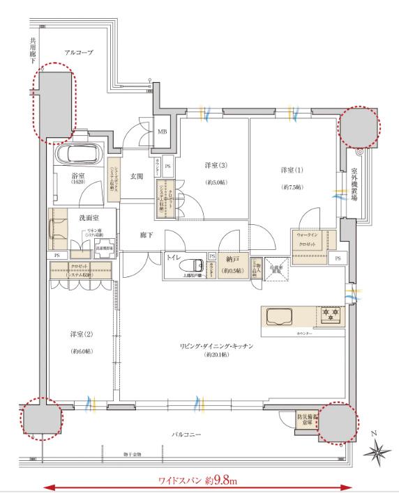 レ・ジェイド西宮ミッドプレイスの間取り図　F：3LDK+WIC+N
