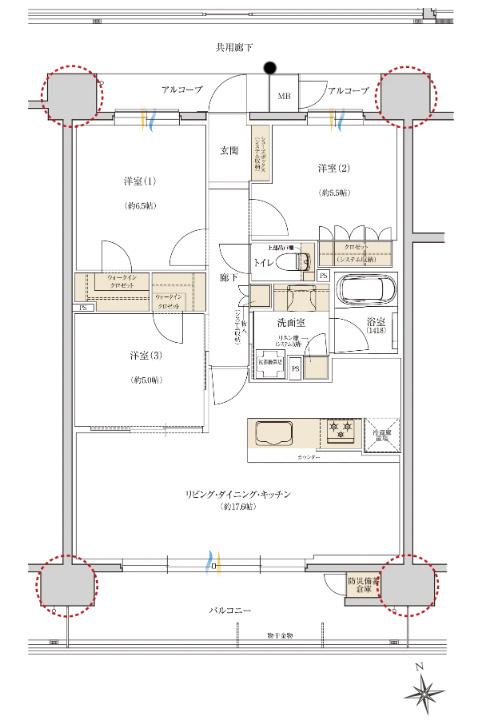 レ・ジェイド西宮ミッドプレイスの間取り図　C：3LDK+2WIC
