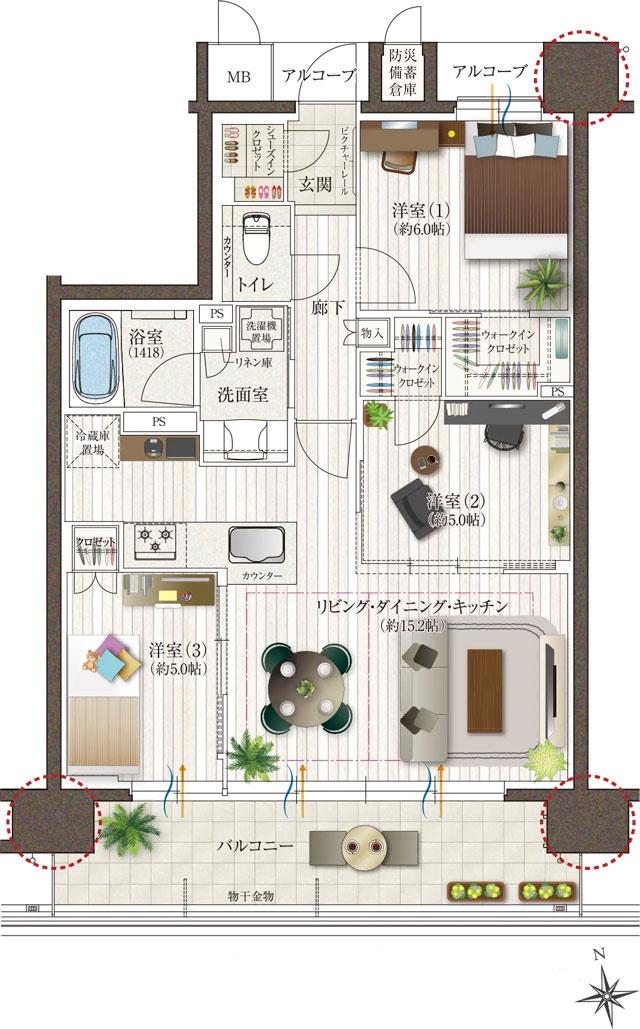 レ・ジェイド西宮ミッドプレイスの間取り図　D：3LDK+2WIC+SIC