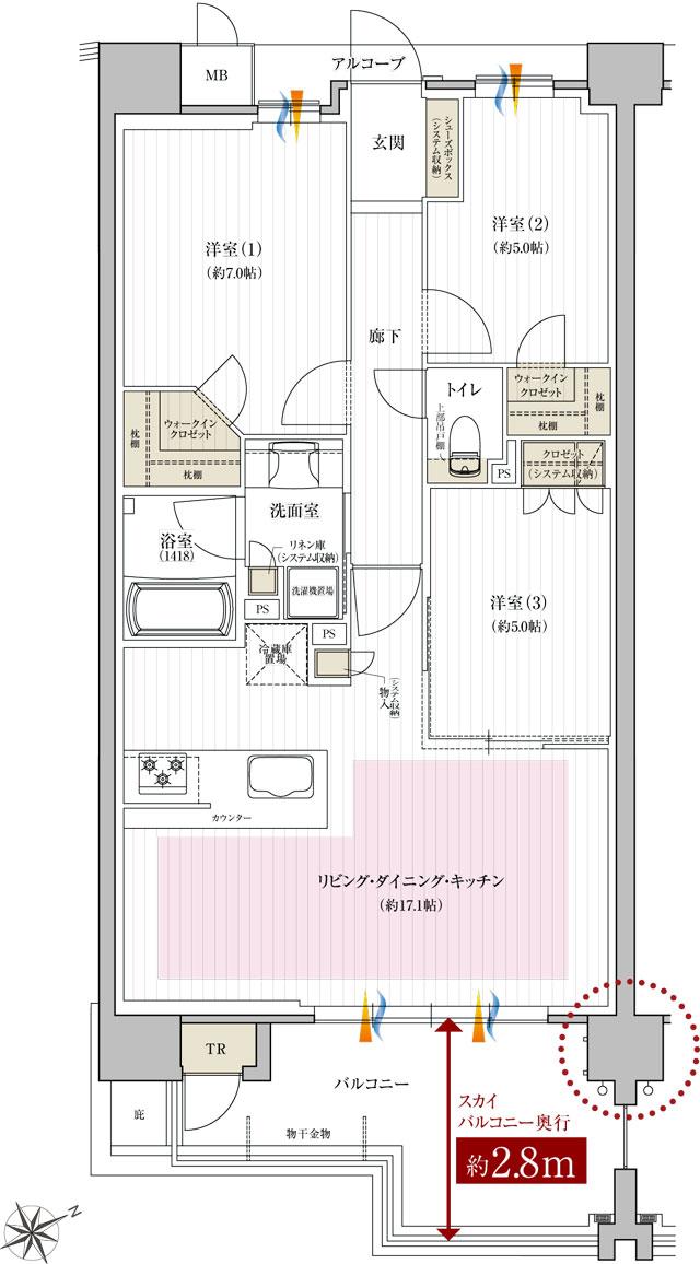 レ・ジェイド西宮甲子園の間取り図　EA：3LDK+2WIC