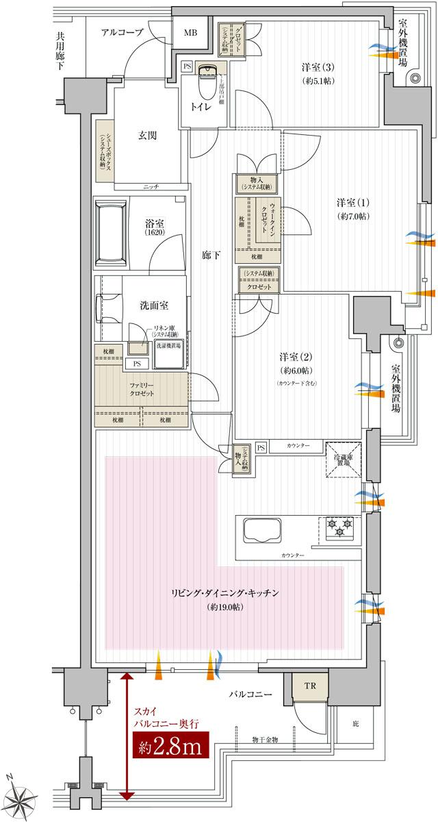 レ・ジェイド西宮甲子園の間取り図　SF：3LDK+FC+WIC