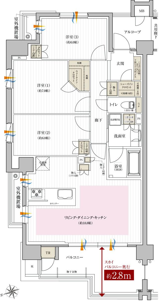 レ・ジェイド西宮甲子園の間取り図　WA：3LDK+SIC+WIC