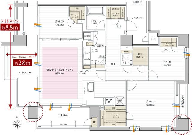 レ・ジェイド西宮甲子園の間取り図　WK：3LDK+SIC+2WIC+N
