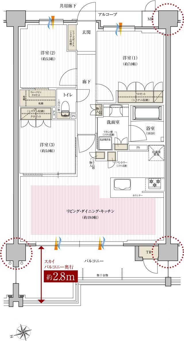 レ・ジェイド西宮甲子園の間取り図　WB：3LDK+WIC