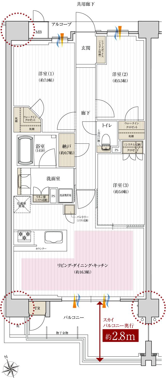 レ・ジェイド西宮甲子園の間取り図　SA：3LDK+2WIC+N
