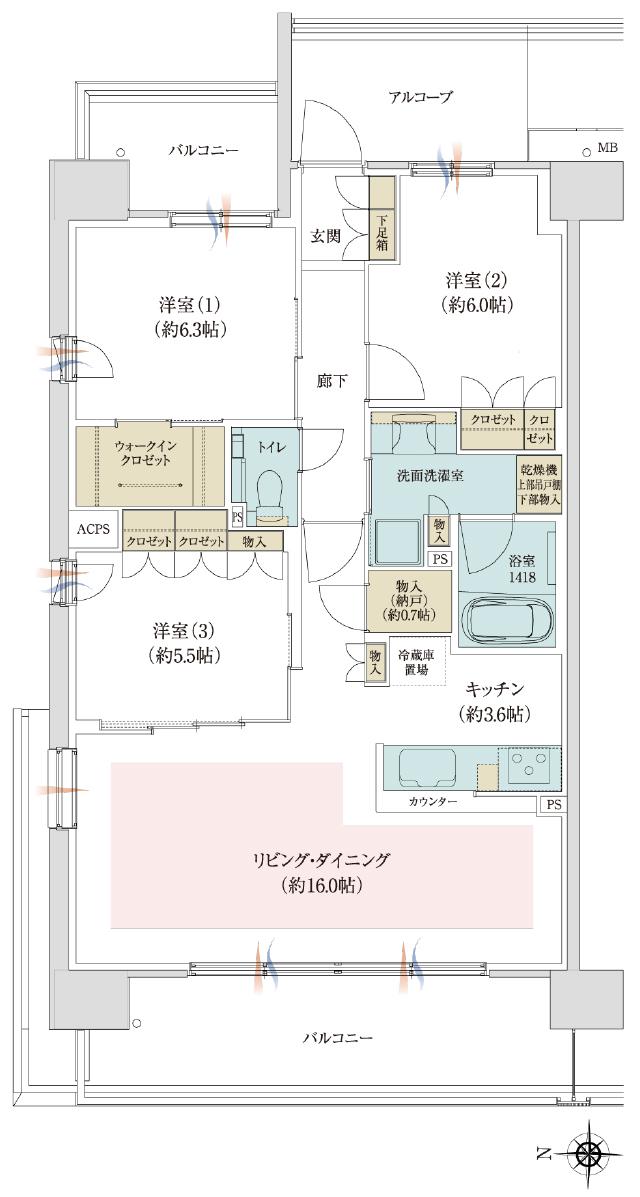 ジオ京都西院の間取り図　WA：3LDK+WIC+N