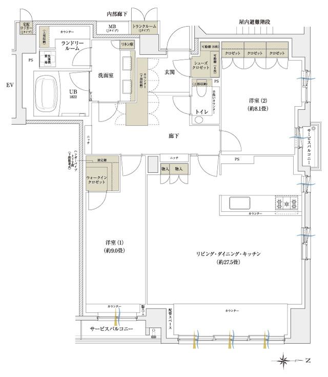 イニシア京都御所南の間取り図　J：2LDK+SC+WIC