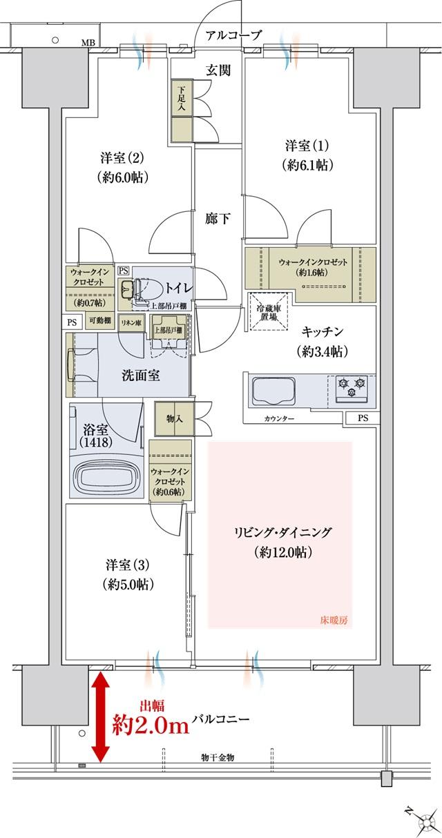 ウエリス近江八幡の間取り図　E：3LDK+3WIC