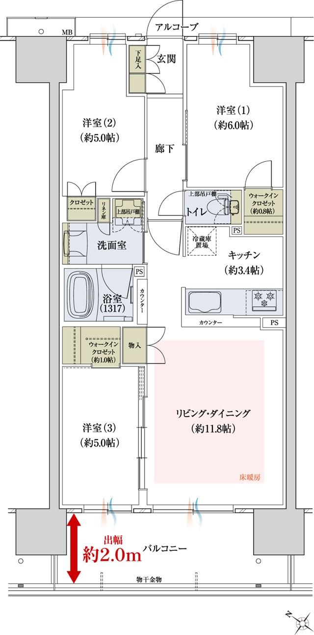 ウエリス近江八幡の間取り図　G：3LDK+2WIC