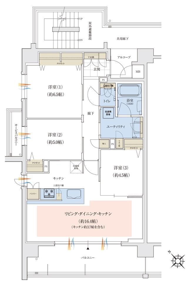 ユニハイム加古川つつじ野GATEの間取り図　A：3LDK