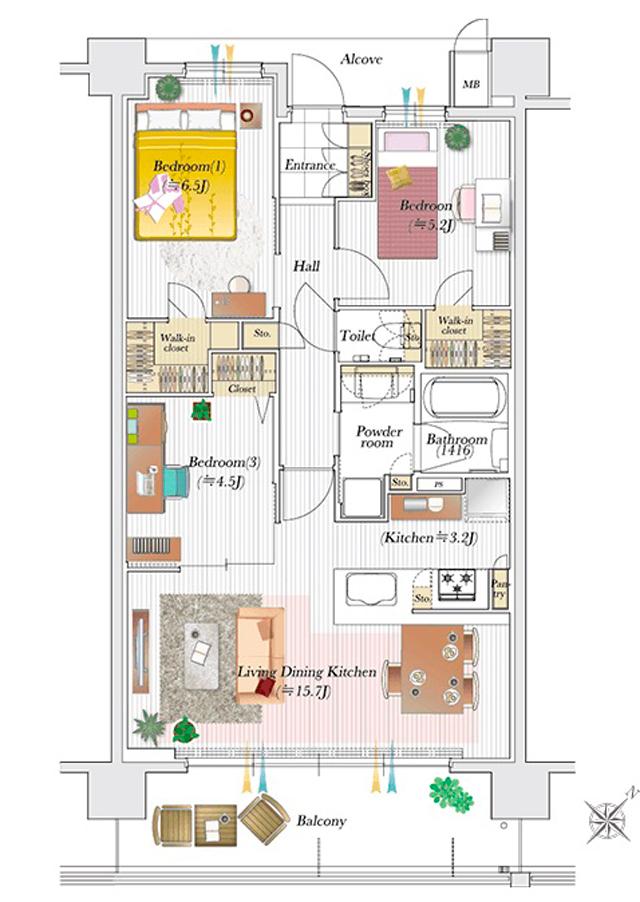 ユニハイム加古川つつじ野GATEの間取り図　K：3LDK