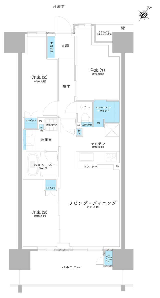ライオンズ茨木総持寺ステーショングランの間取り図　K：3LDK+WIC