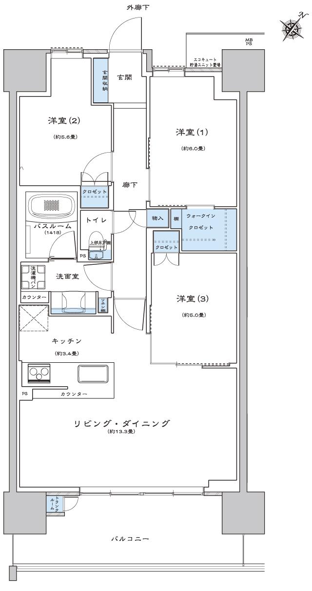 ライオンズ茨木総持寺ステーショングランの間取り図　T：3LDK+WIC