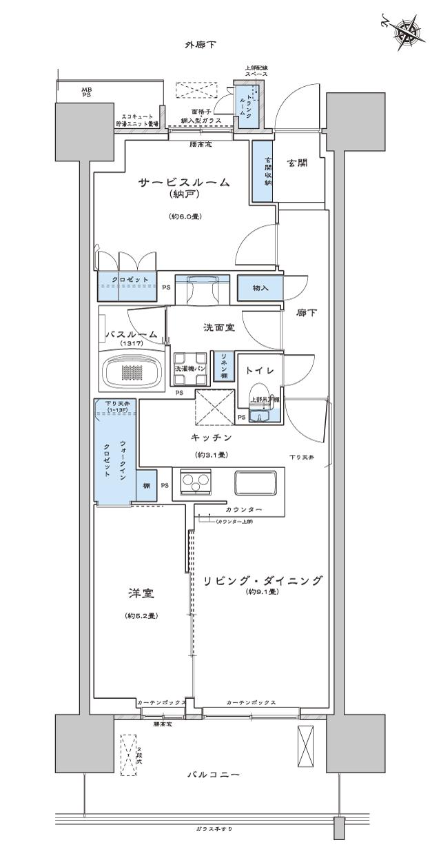 ライオンズ茨木総持寺ステーショングランの間取り図　G：1LDK+WIC+サービスルーム(納戸)