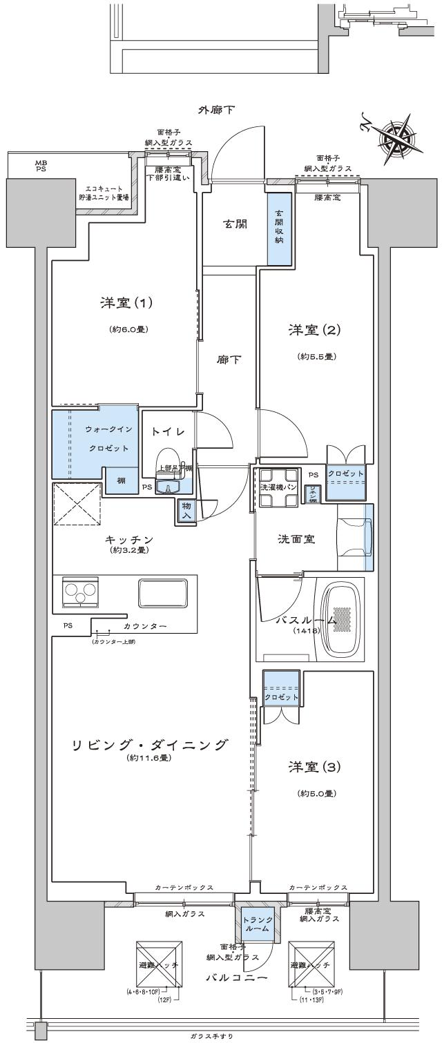 ライオンズ茨木総持寺ステーショングランの間取り図　D：3LDK+WIC