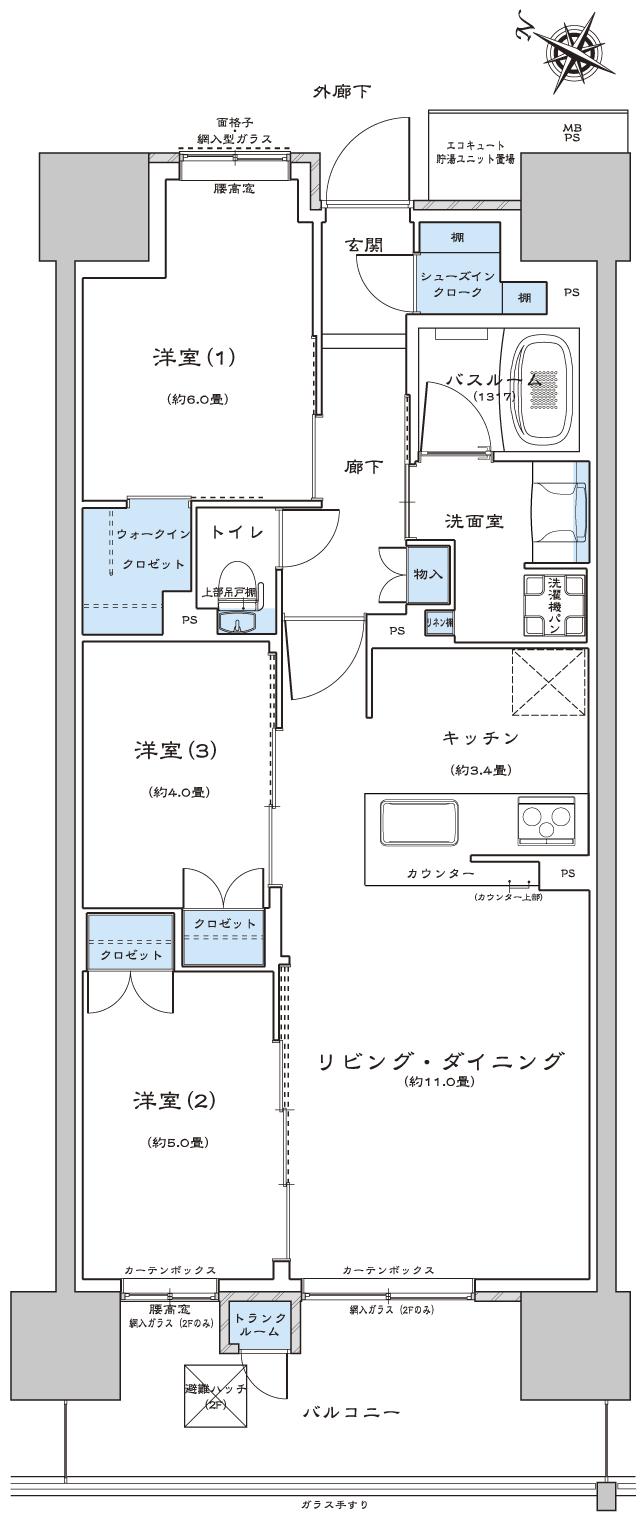 ライオンズ茨木総持寺ステーショングランの間取り図　E：3LDK+SIC+WIC