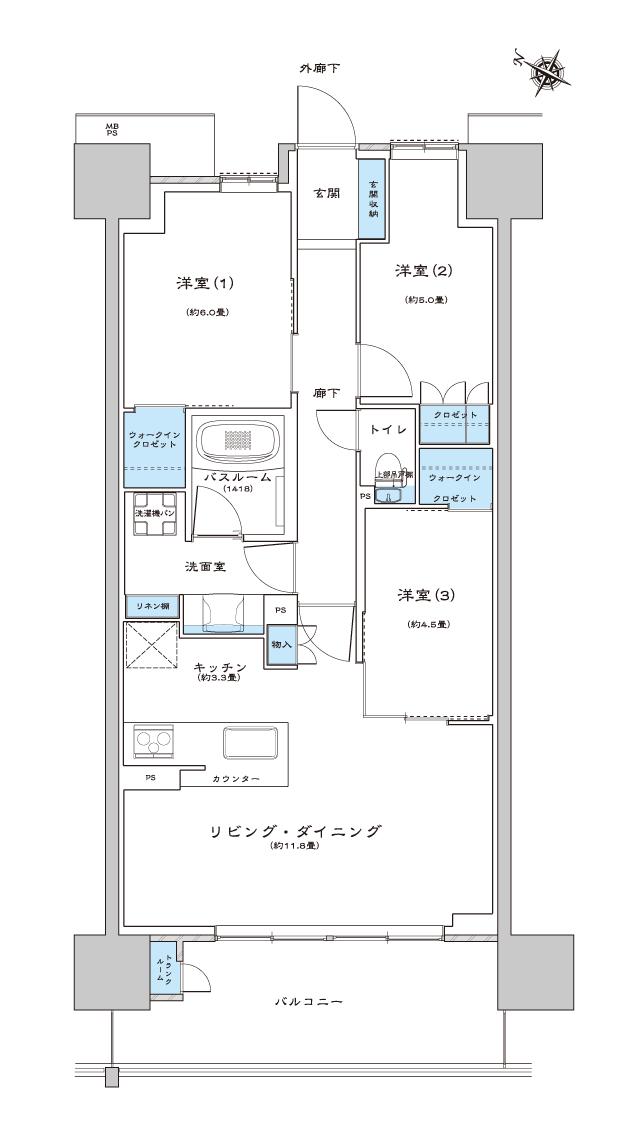 ライオンズ茨木総持寺ステーショングランの間取り図　B：3LDK+2WIC