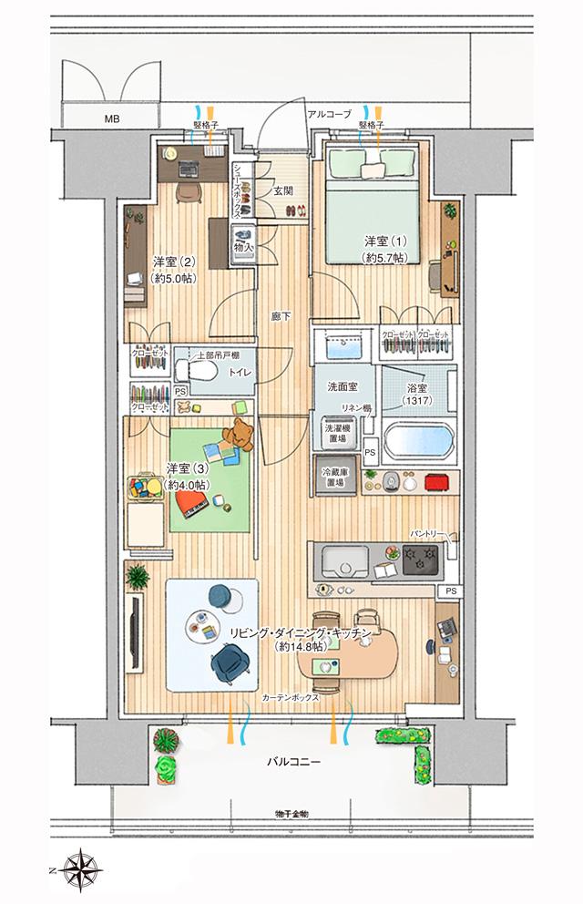 プレディア平野 ザ・レジデンスの間取り図　D1：3LDK