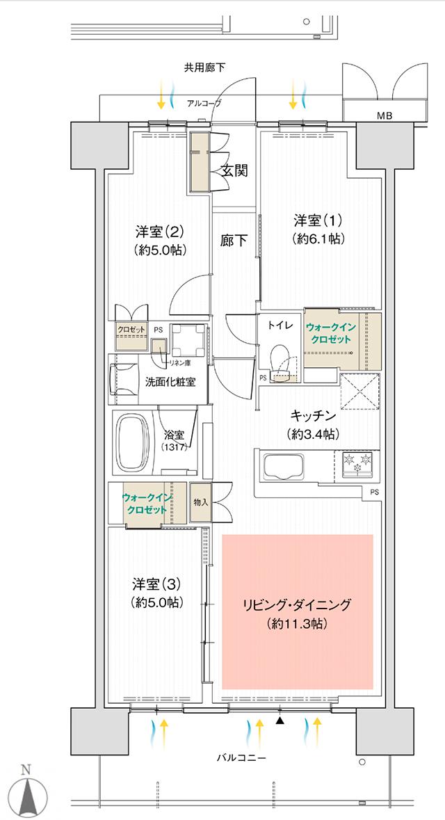 シャリエ松原松ヶ丘ル・サンクの間取り図　J：3LDK+2WIC