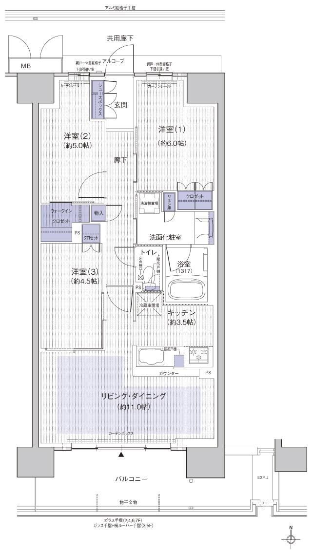 シャリエ松原松ヶ丘ル・サンクの間取り図　M：3LDK+WIC