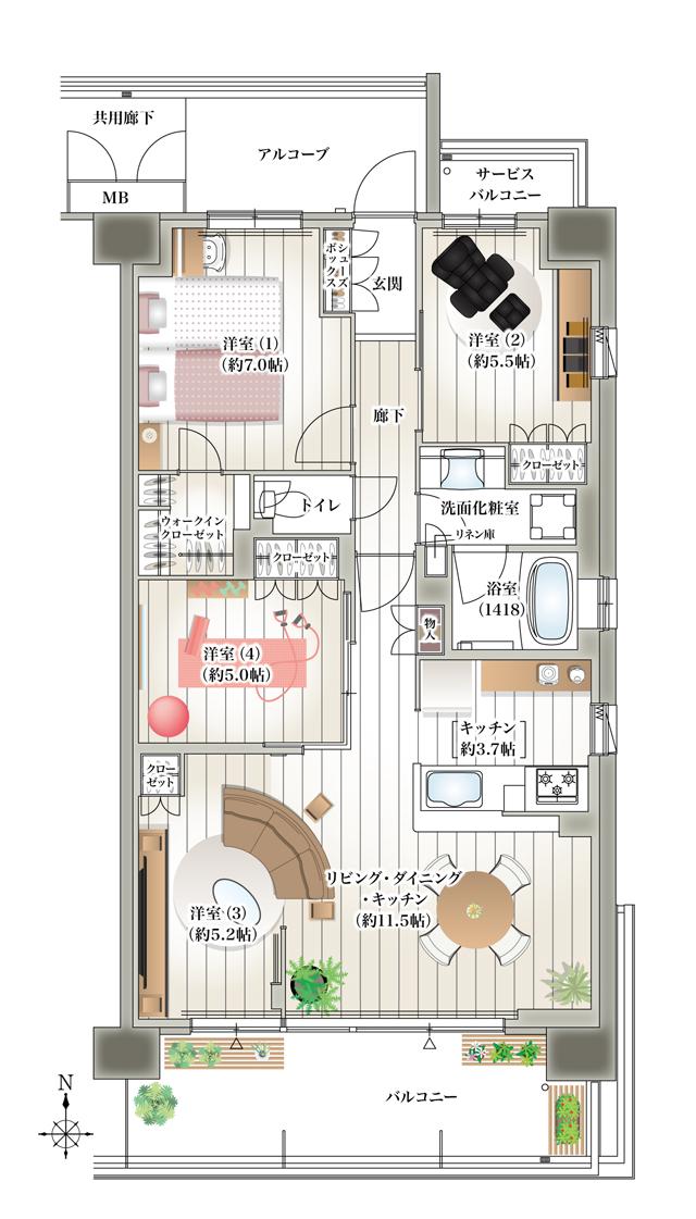 シャリエ松原松ヶ丘ル・サンクの間取り図　Q：4LDK+WIC