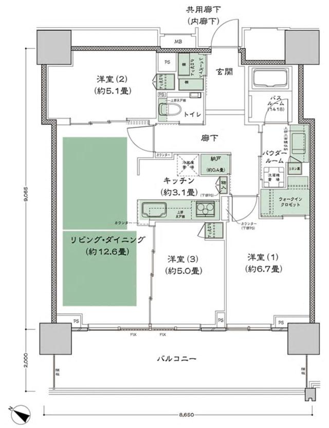 ベイシティタワーズ神戸 WESTの間取り図　W-75D：3LDK+N+WIC+SIC
