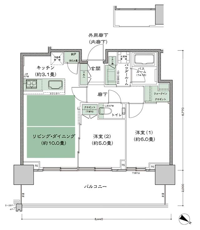 ベイシティタワーズ神戸 WESTの間取り図　W-55B：2LDK+N+WIC