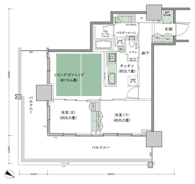 ベイシティタワーズ神戸 WESTの間取り図　W-60A：2LDK+N
