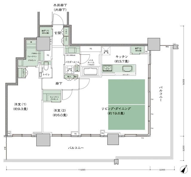 ベイシティタワーズ神戸 WESTの間取り図　W-90A-LD拡大：2LDK+2N+2WIC