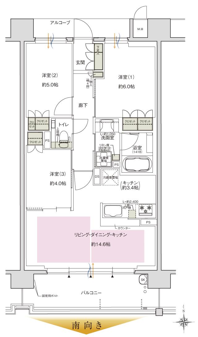 ブランニード八尾桜ケ丘一丁目の間取り図　E：3LDK