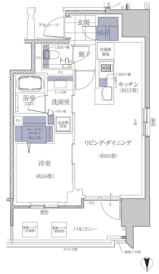 グランドメゾン谷町四丁目の間取り図　B：1LDK+WIC+SC